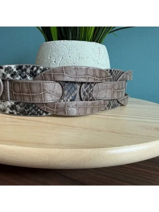 Chicos Belt M Brown Croc Embossed Faux Leather Belt With Snake Print Accents - Picture 10 of 16